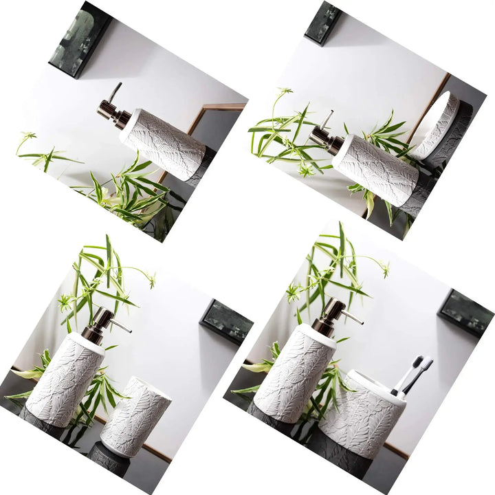 Hymmah Bathroom Accessories Set, Farmhouse Decor, 4 Pcs Resin Toothbrush Cup, Soap Dispenser & Dish Tumbler 