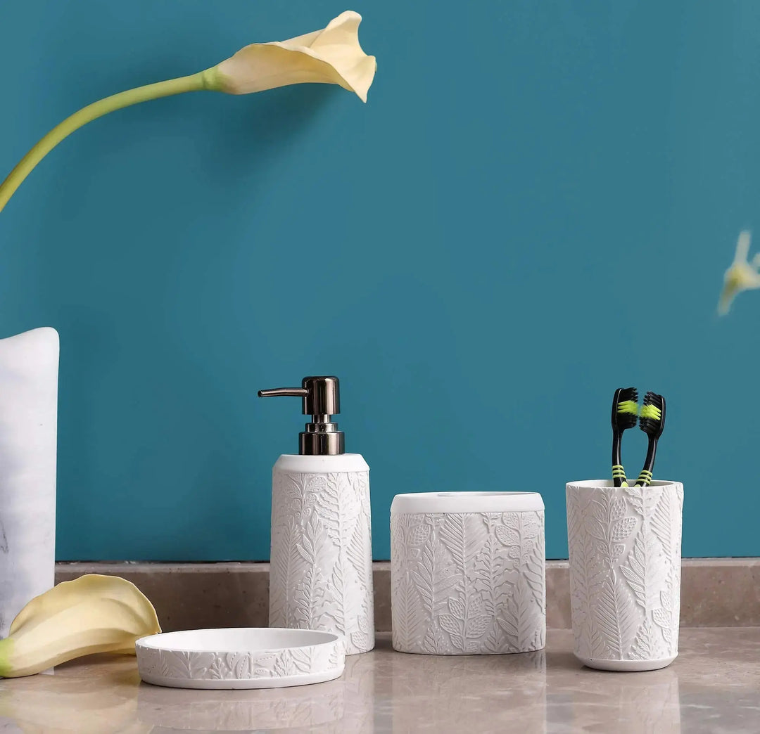 Hymmah Bathroom Accessories Set, Farmhouse Decor, 4 Pcs Resin Toothbrush Cup, Soap Dispenser & Dish Tumbler 