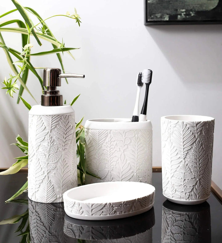 Hymmah Bathroom Accessories Set, Farmhouse Decor, 4 Pcs Resin Toothbrush Cup, Soap Dispenser & Dish Tumbler 