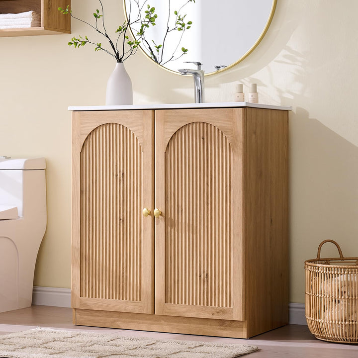 IFBUY 30 Inch Arched Bathroom Vanity with Sink, Fluted Design, Natural Oak 