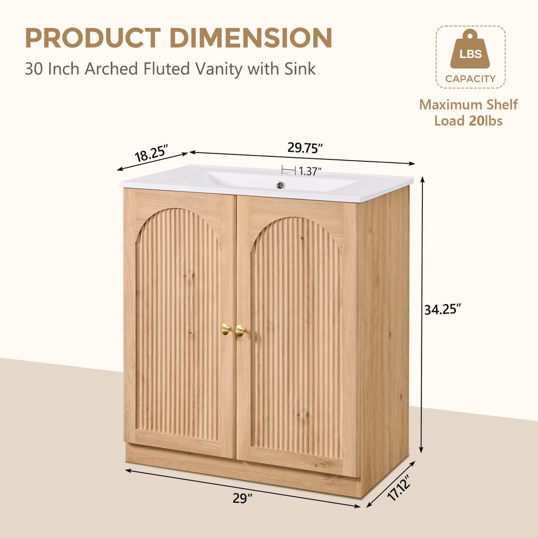 IFBUY 30 Inch Arched Bathroom Vanity with Sink, Fluted Design, Natural Oak 