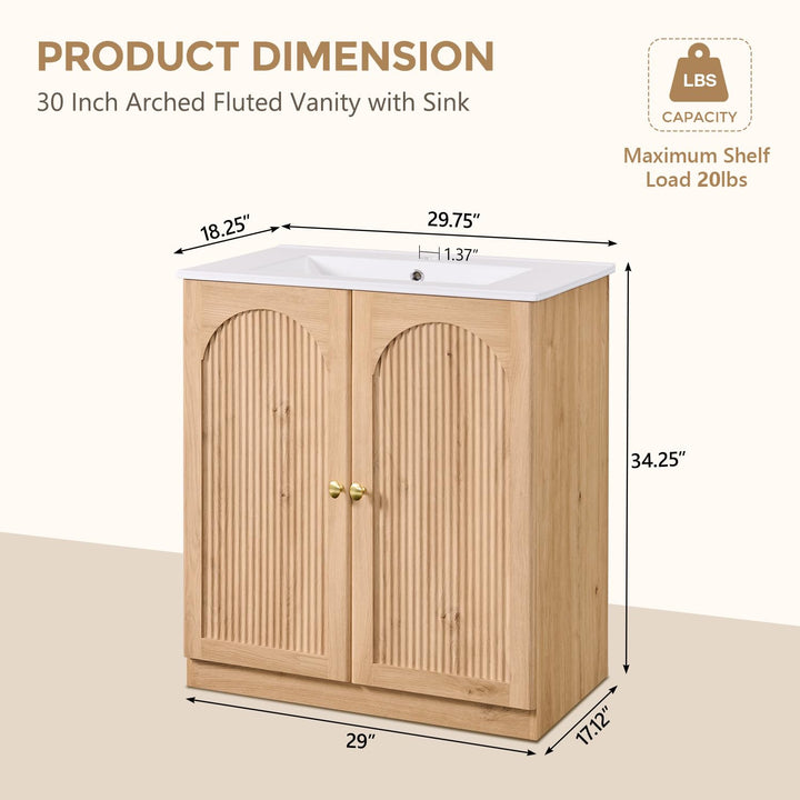 IFBUY 30 Inch Arched Bathroom Vanity with Sink, Fluted Design, Natural Oak 