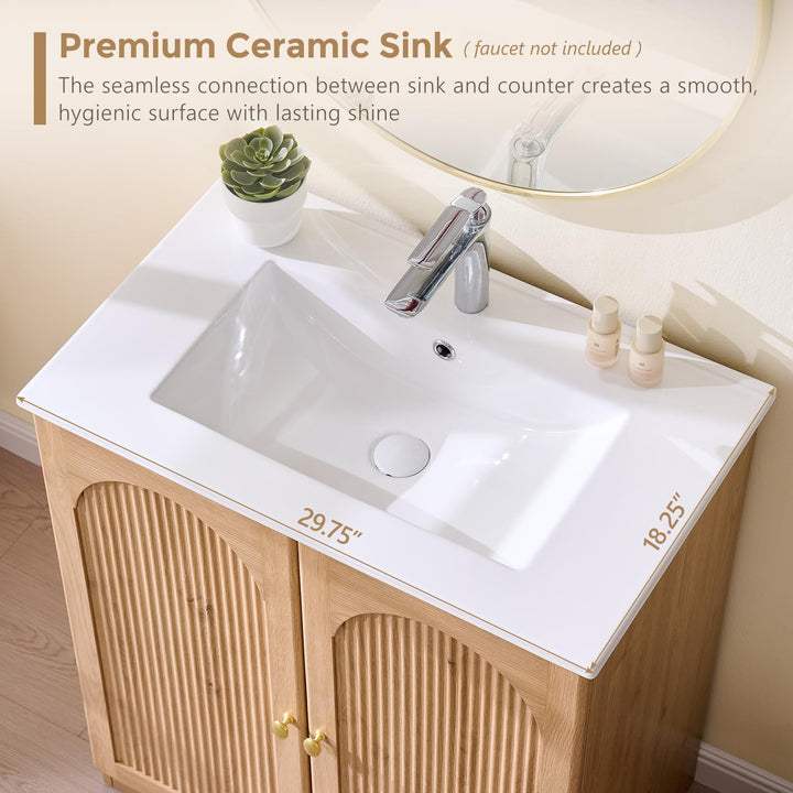 IFBUY 30 Inch Arched Bathroom Vanity with Sink, Fluted Design, Natural Oak 