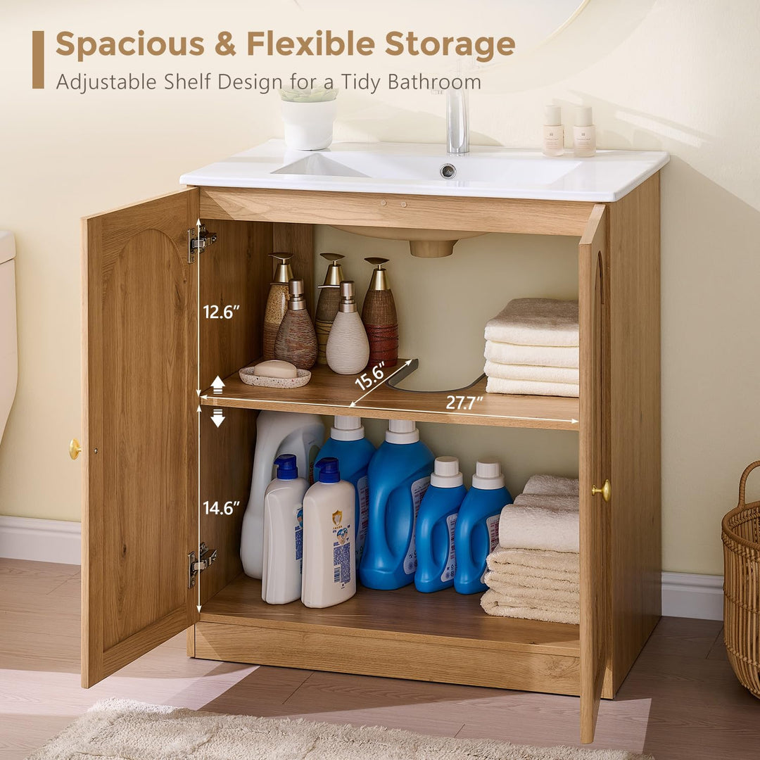 IFBUY 30 Inch Arched Bathroom Vanity with Sink, Fluted Design, Natural Oak 