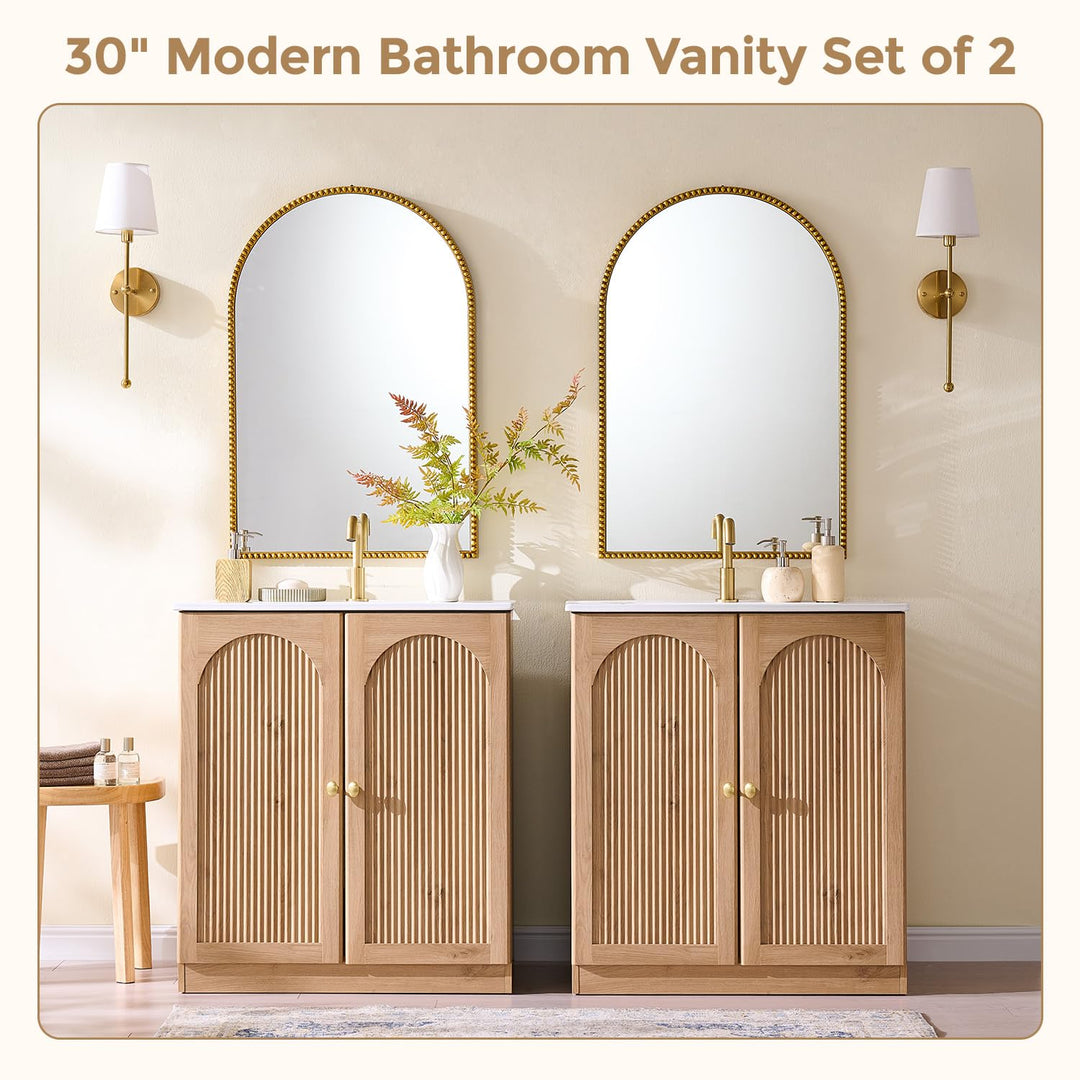 IFBUY 30 Inch Arched Bathroom Vanity with Sink, Fluted Design, Natural Oak 