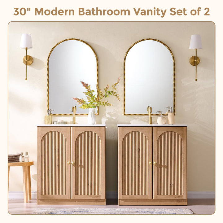 IFBUY 30 Inch Arched Bathroom Vanity with Sink, Fluted Design, Natural Oak 