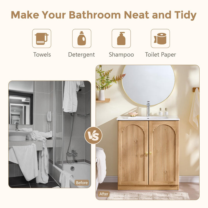 IFBUY 30 Inch Arched Bathroom Vanity with Sink, Fluted Design, Natural Oak 