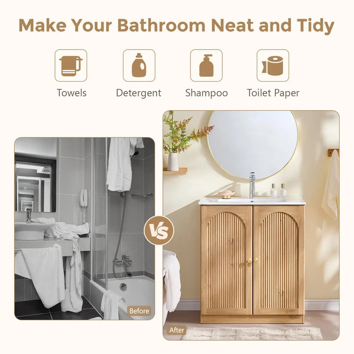 IFBUY 30 Inch Arched Bathroom Vanity with Sink, Fluted Design, Natural Oak 