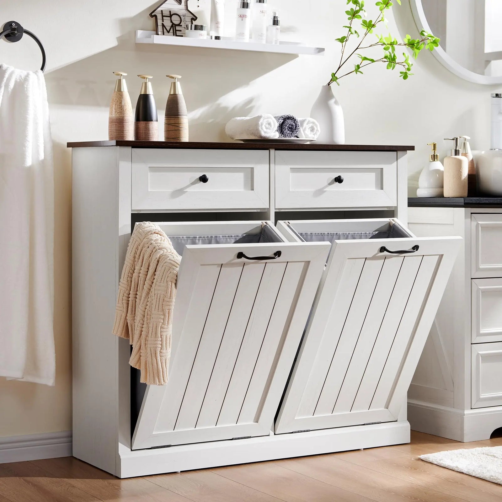 IFBUY Double Tilt Out Laundry Hamper Cabinet, 20 Gallon, Farmhouse Cabinet with Drawer, Hidden Wood Laundry Storage Basket for Bathroom - White 
