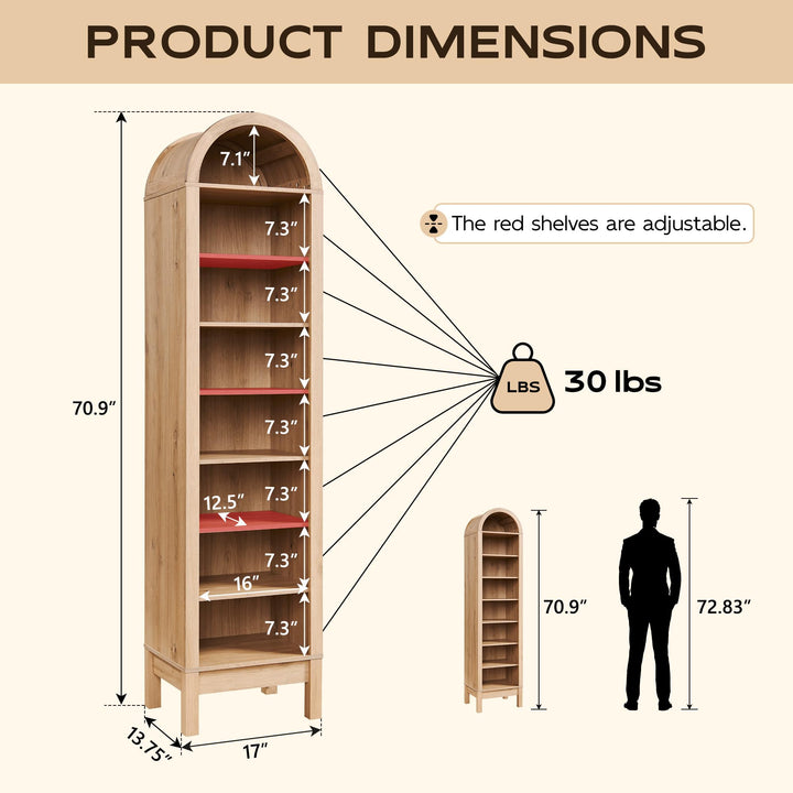 IFGET 71" Tall Arched Bookshelf, 8 Tiers Arch Bookcase (Natural) 