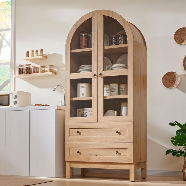 IFGET 71" Tall Arched Kitchen Pantry, Kitchens Storage Cabinets, Natural 