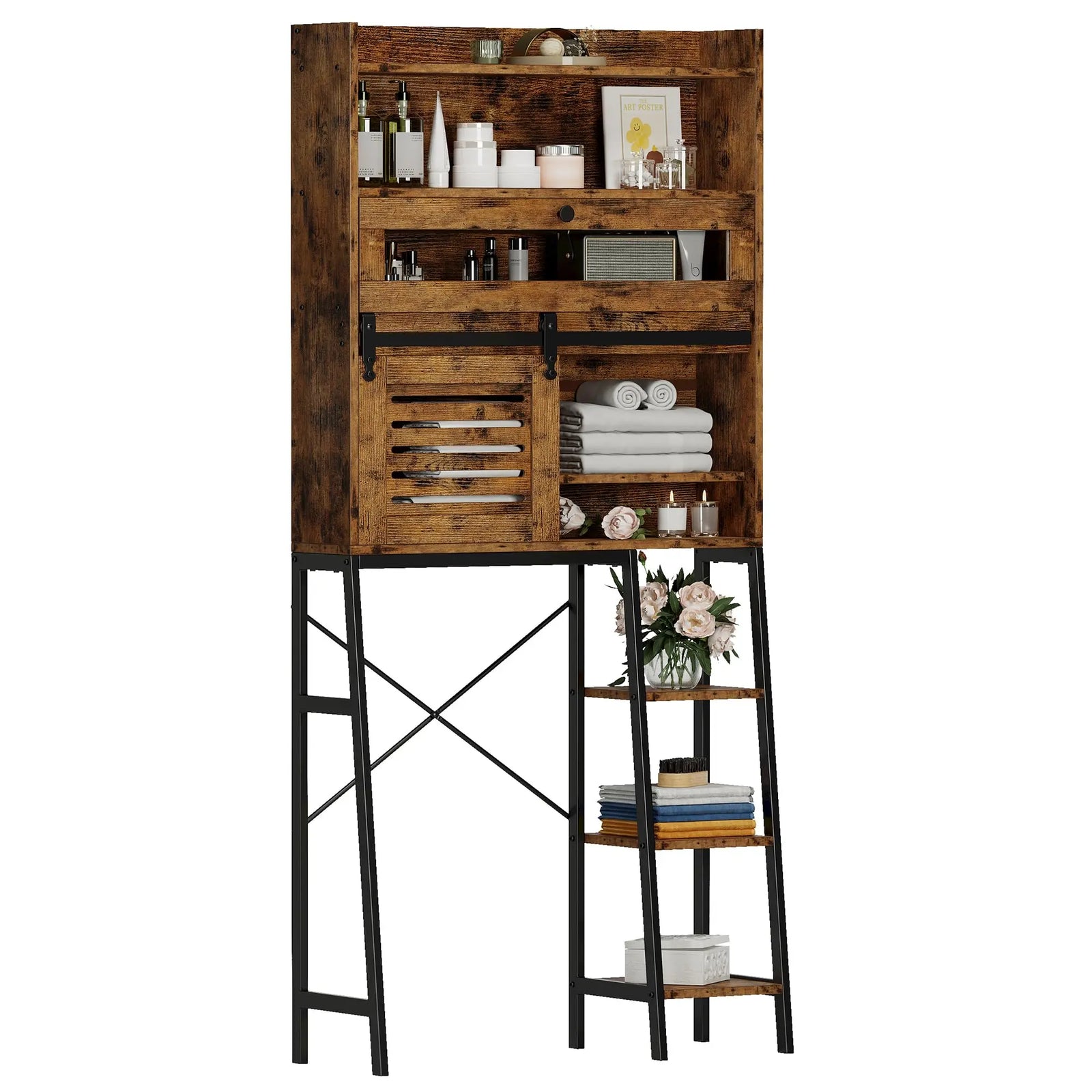 IRONCK Over The Toilet Storage with Cabinet, Sliding Barn Door, Side Storage Open Rack, Mass-Storage Over Toilet Bathroom Organizer for Bathroom, Restroom, Laundry, Vintage Brown 
