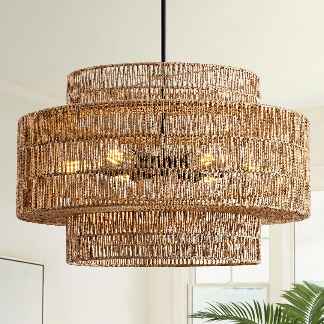 InterMaka 24" Rattan Chandelier for Dining Room, Large Boho Pendant Light 