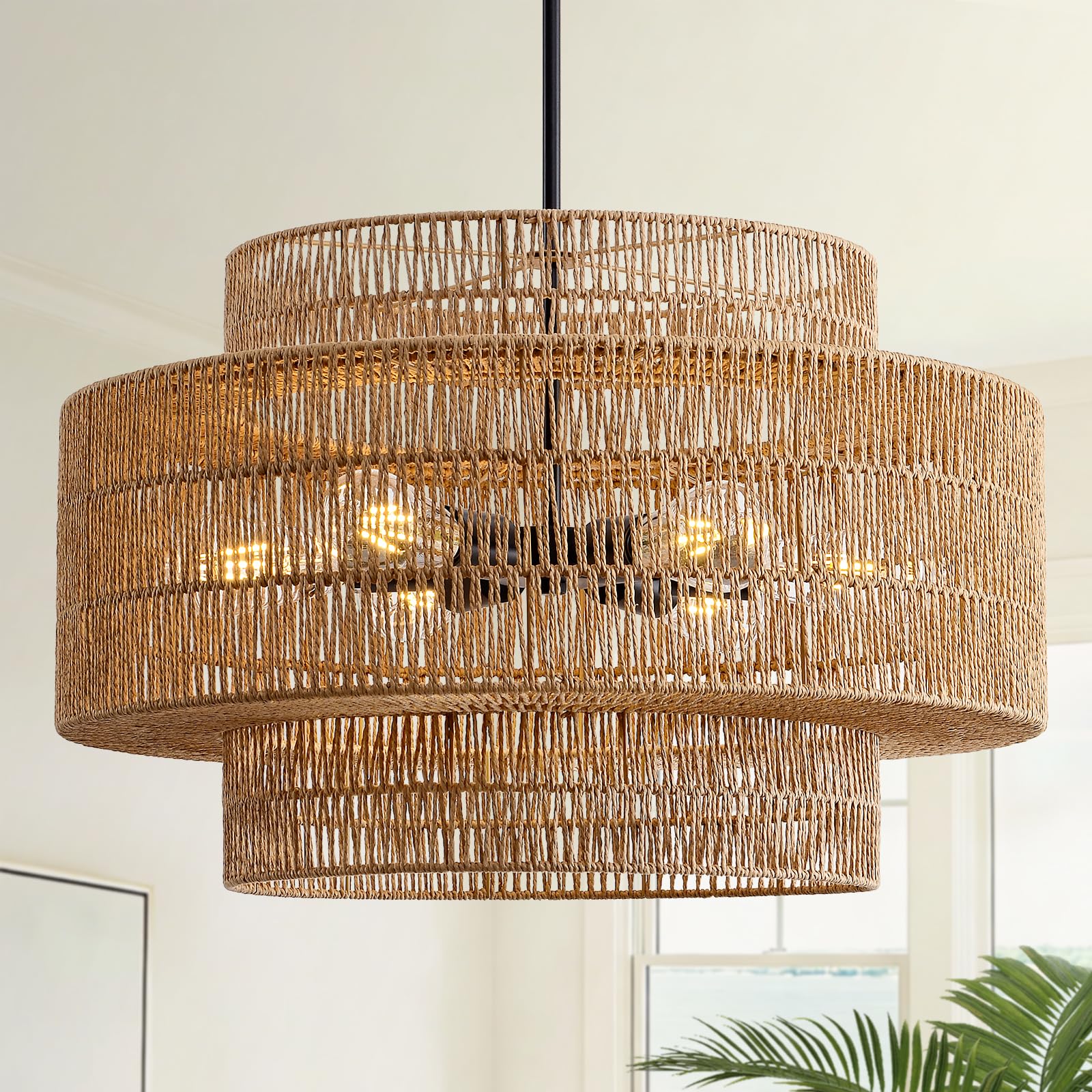 InterMaka 24" Rattan Chandelier for Dining Room, Large Boho Pendant Light 