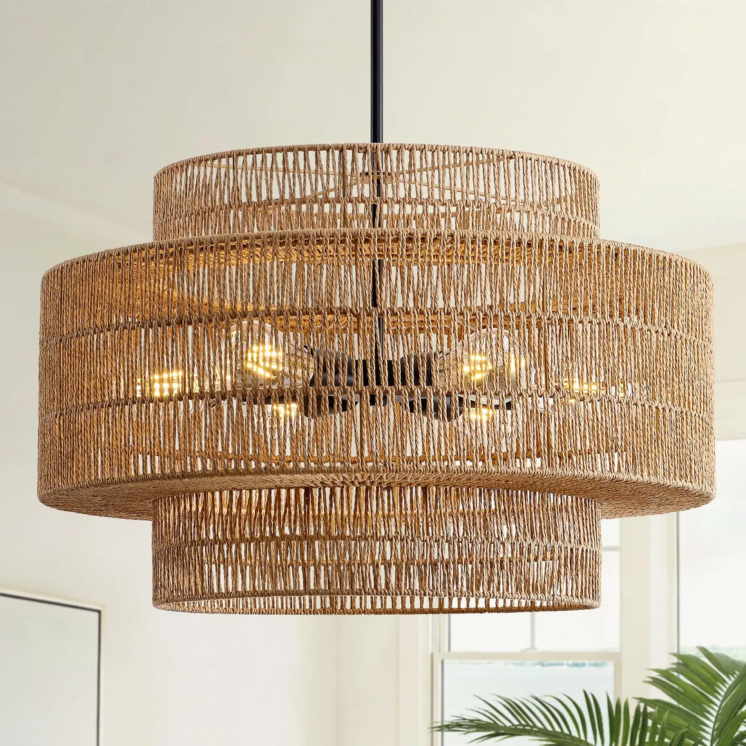 InterMaka 24" Rattan Chandelier for Dining Room, Large Boho Pendant Light