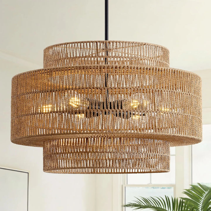 InterMaka 24" Rattan Chandelier for Dining Room, Large Boho Pendant Light