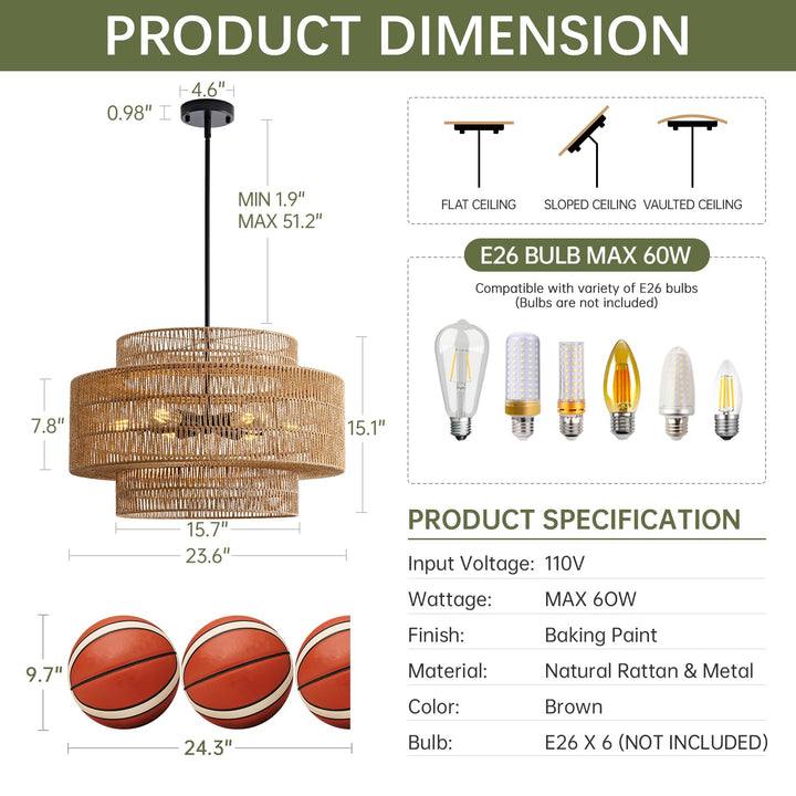InterMaka 24" Rattan Chandelier for Dining Room, Large Boho Pendant Light 