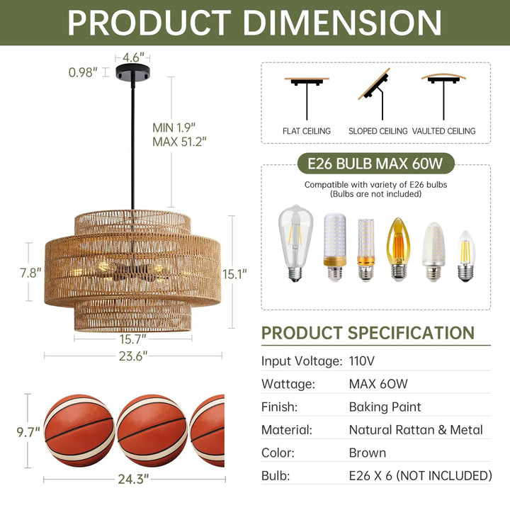 InterMaka 24" Rattan Chandelier for Dining Room, Large Boho Pendant Light