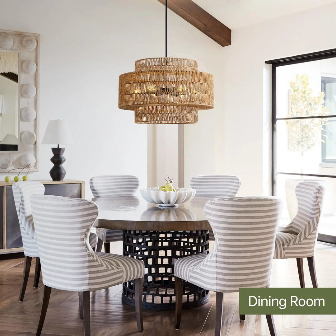 InterMaka 24" Rattan Chandelier for Dining Room, Large Boho Pendant Light