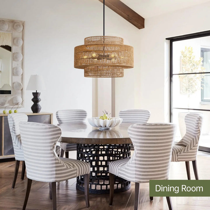 InterMaka 24" Rattan Chandelier for Dining Room, Large Boho Pendant Light