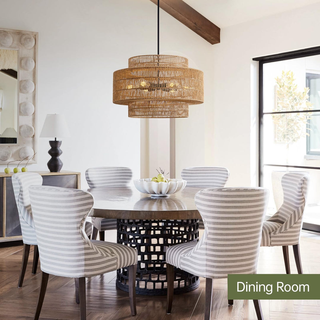 InterMaka 24" Rattan Chandelier for Dining Room, Large Boho Pendant Light 