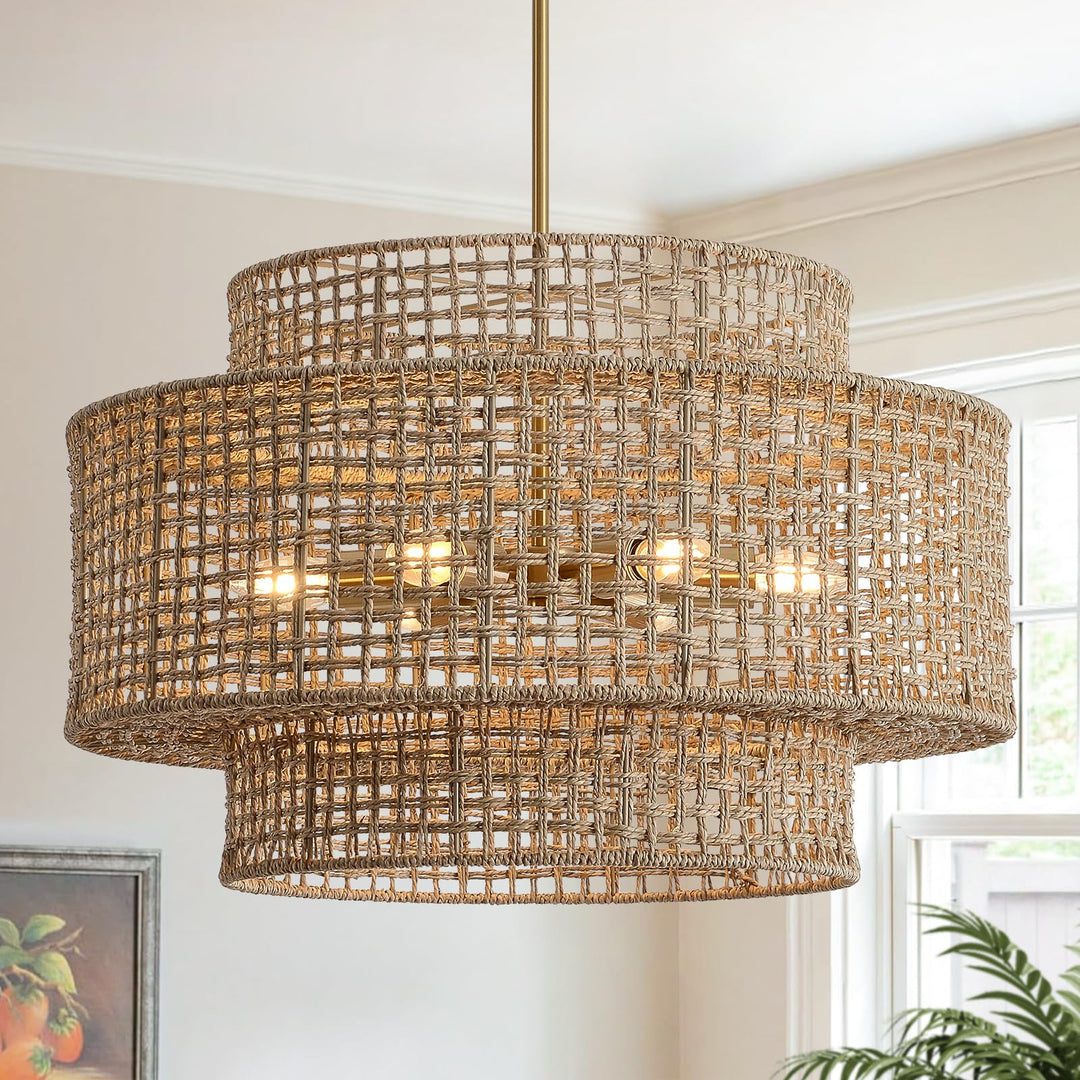 InterMaka 24" Rattan Chandelier for Dining Room, Large Boho Pendant Light 