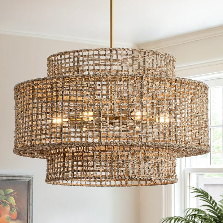 InterMaka 24" Rattan Chandelier for Dining Room, Large Boho Pendant Light 
