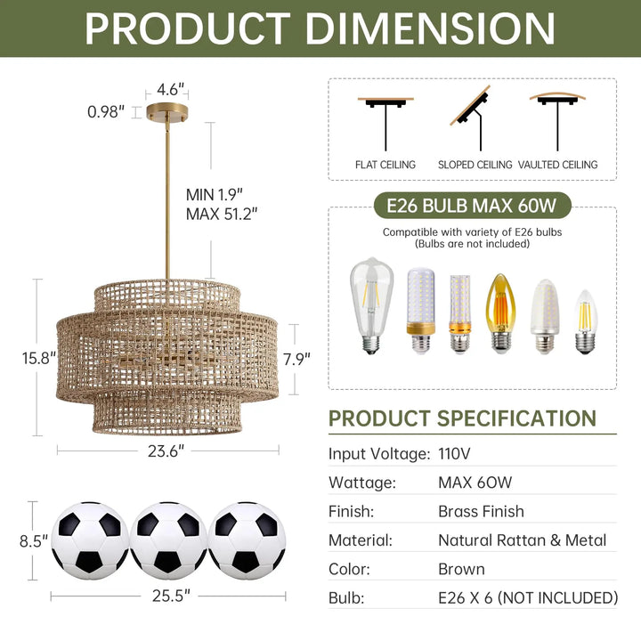 InterMaka 24" Rattan Chandelier for Dining Room, Large Boho Pendant Light