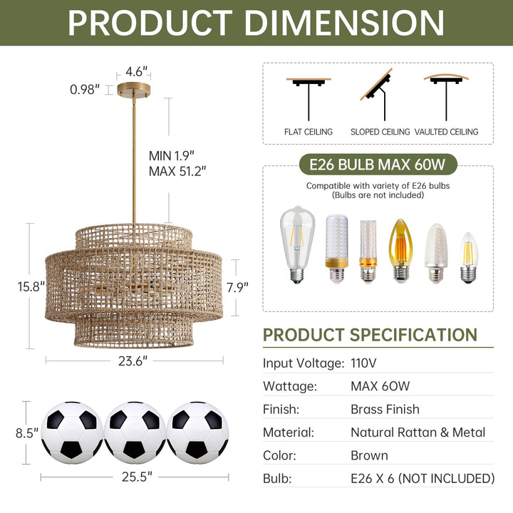InterMaka 24" Rattan Chandelier for Dining Room, Large Boho Pendant Light 