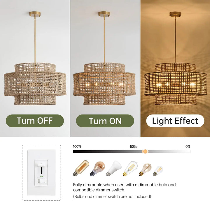 InterMaka 24" Rattan Chandelier for Dining Room, Large Boho Pendant Light
