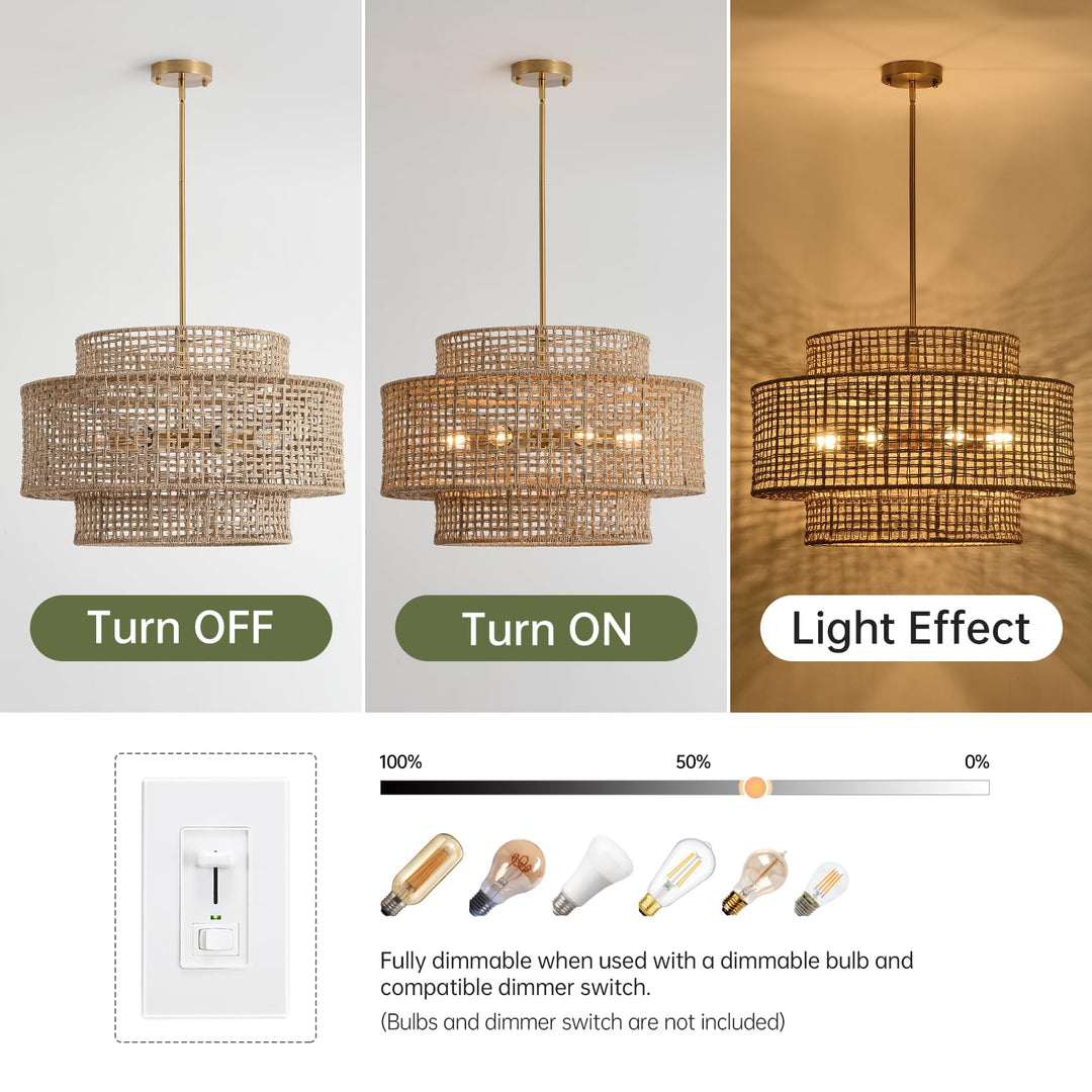 InterMaka 24" Rattan Chandelier for Dining Room, Large Boho Pendant Light 