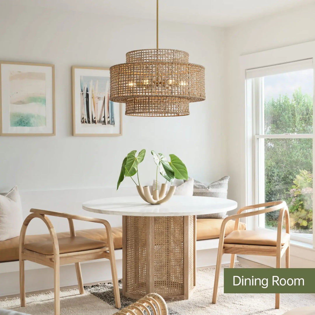 InterMaka 24" Rattan Chandelier for Dining Room, Large Boho Pendant Light