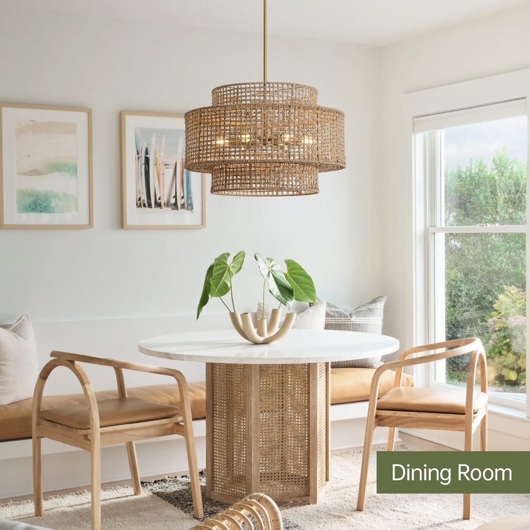 InterMaka 24" Rattan Chandelier for Dining Room, Large Boho Pendant Light 