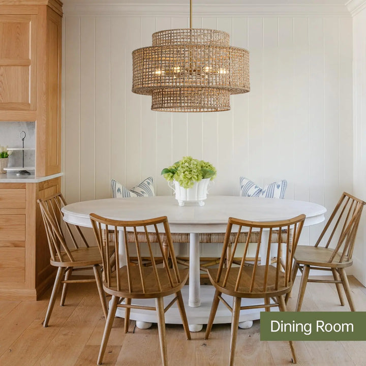 InterMaka 24" Rattan Chandelier for Dining Room, Large Boho Pendant Light