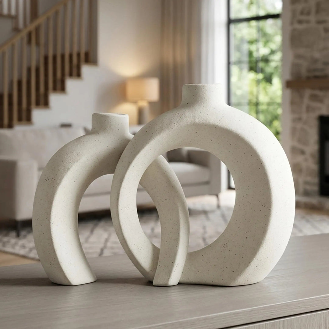 Interlocked Decorative Vase Set of 2 | Matte Sand-Textured Ceramic Vases for Modern Japandi & Boho Home Decor, Standalone or with Flowers for Mantel, Shelf, Entryway Console Table (Matte Cream White)