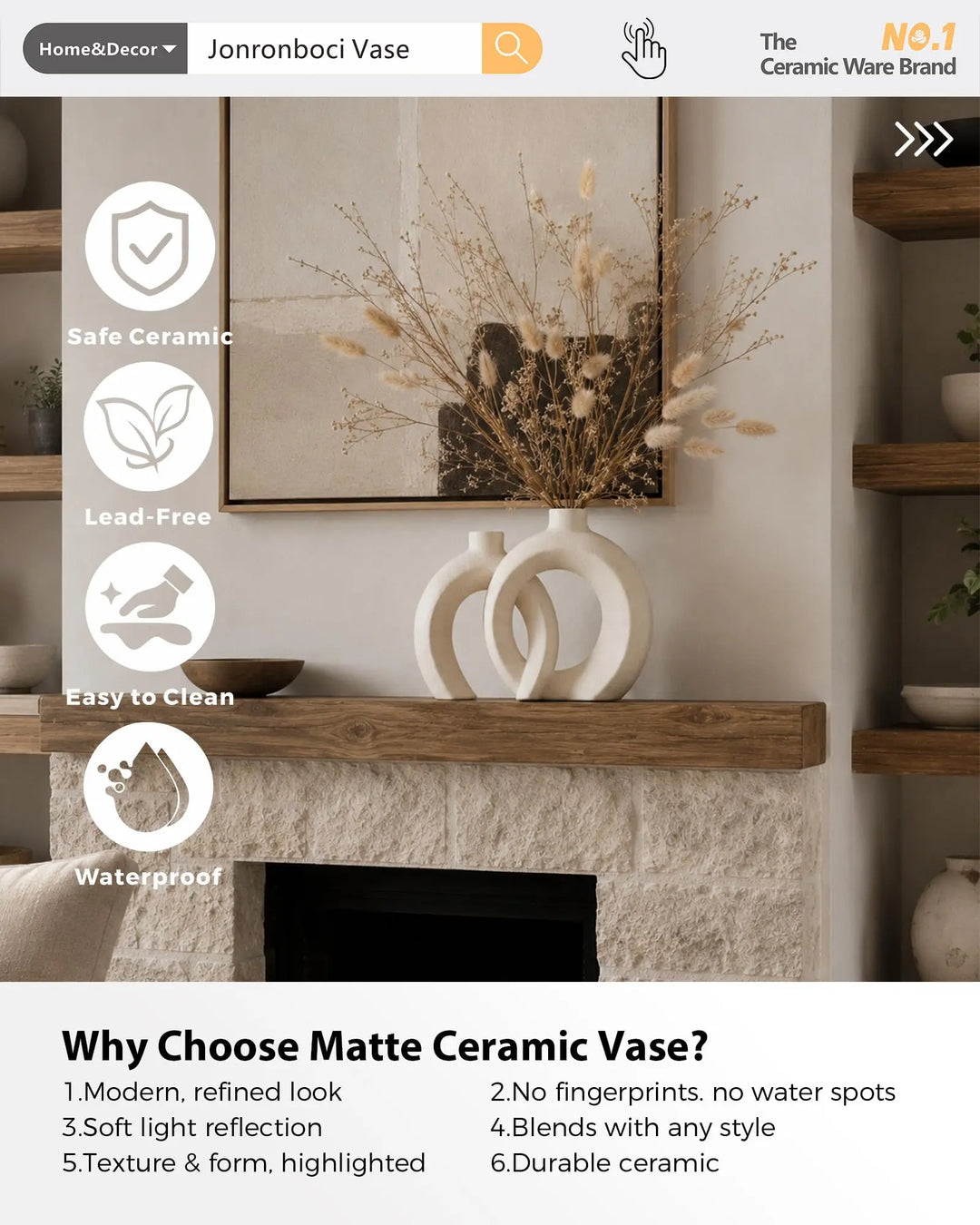 Interlocked Decorative Vase Set of 2 | Matte Sand-Textured Ceramic Vases for Modern Japandi & Boho Home Decor, Standalone or with Flowers for Mantel, Shelf, Entryway Console Table (Matte Cream White)