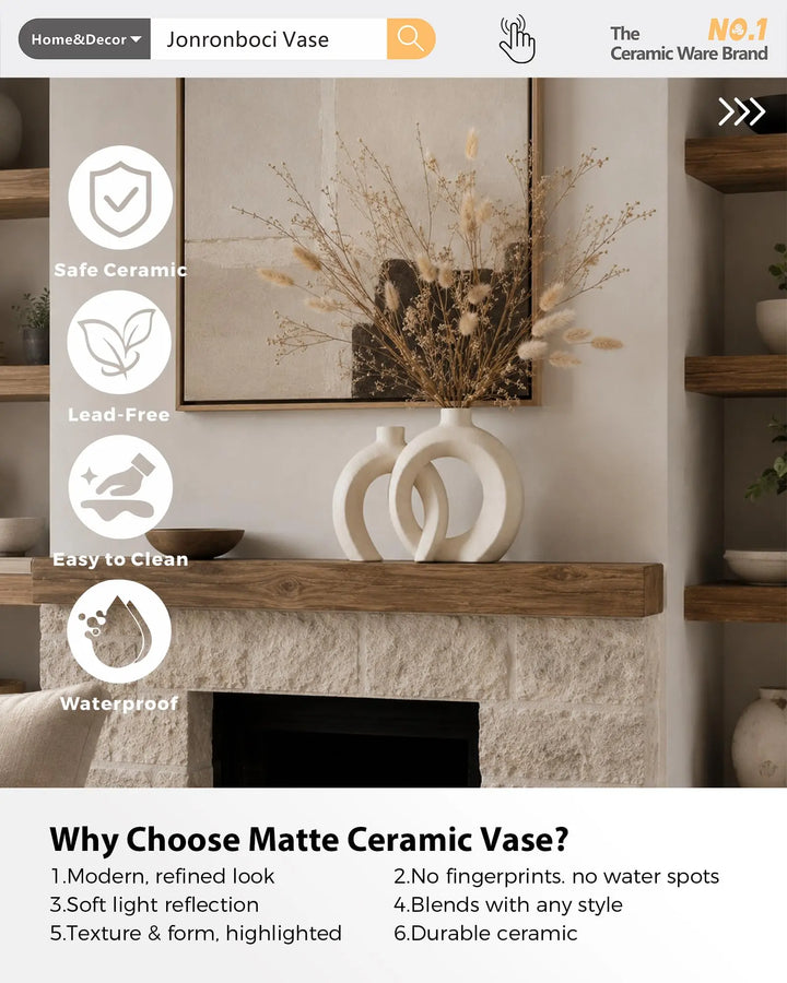 Interlocked Decorative Vase Set of 2 | Matte Sand-Textured Ceramic Vases for Modern Japandi & Boho Home Decor, Standalone or with Flowers for Mantel, Shelf, Entryway Console Table (Matte Cream White)