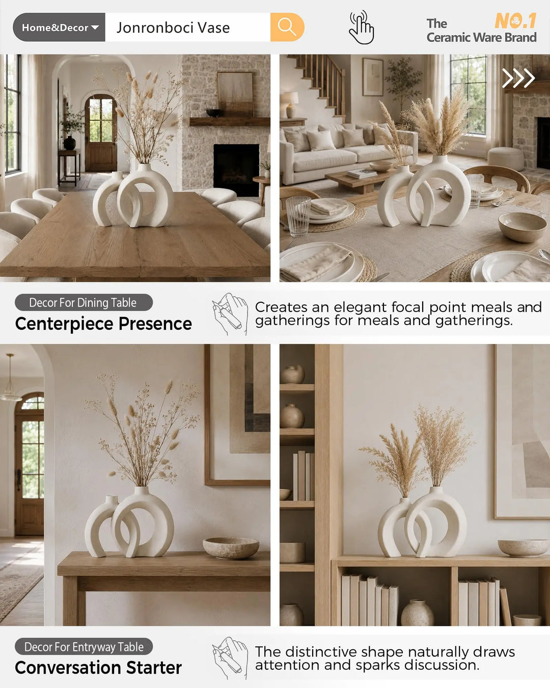 Interlocked Decorative Vase Set of 2 | Matte Sand-Textured Ceramic Vases for Modern Japandi & Boho Home Decor, Standalone or with Flowers for Mantel, Shelf, Entryway Console Table (Matte Cream White)