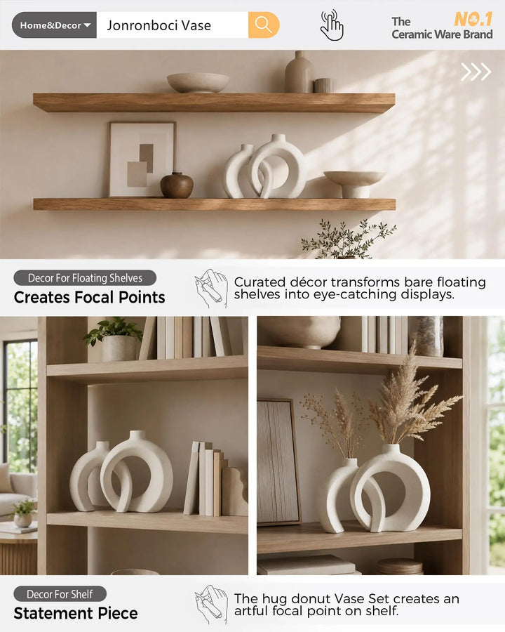 Interlocked Decorative Vase Set of 2 | Matte Sand-Textured Ceramic Vases for Modern Japandi & Boho Home Decor, Standalone or with Flowers for Mantel, Shelf, Entryway Console Table (Matte Cream White)