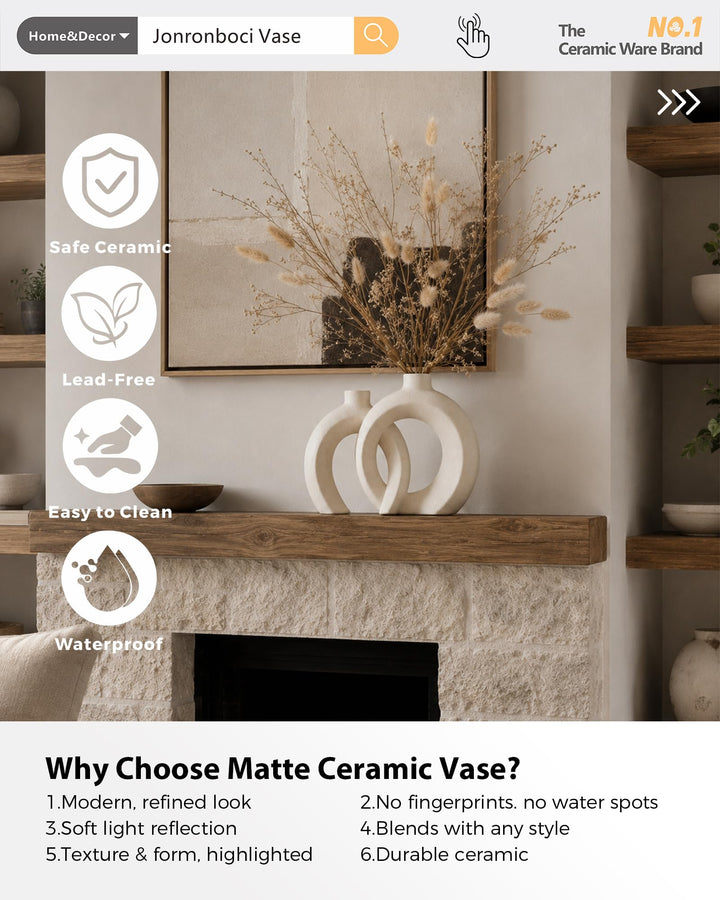 Interlocked Decorative Vase Set of 2 | Matte Sand-Textured Ceramic Vases, Modern Japandi &amp; Boho Home Decor, Standalone or with Flowers - Matte Cream White 