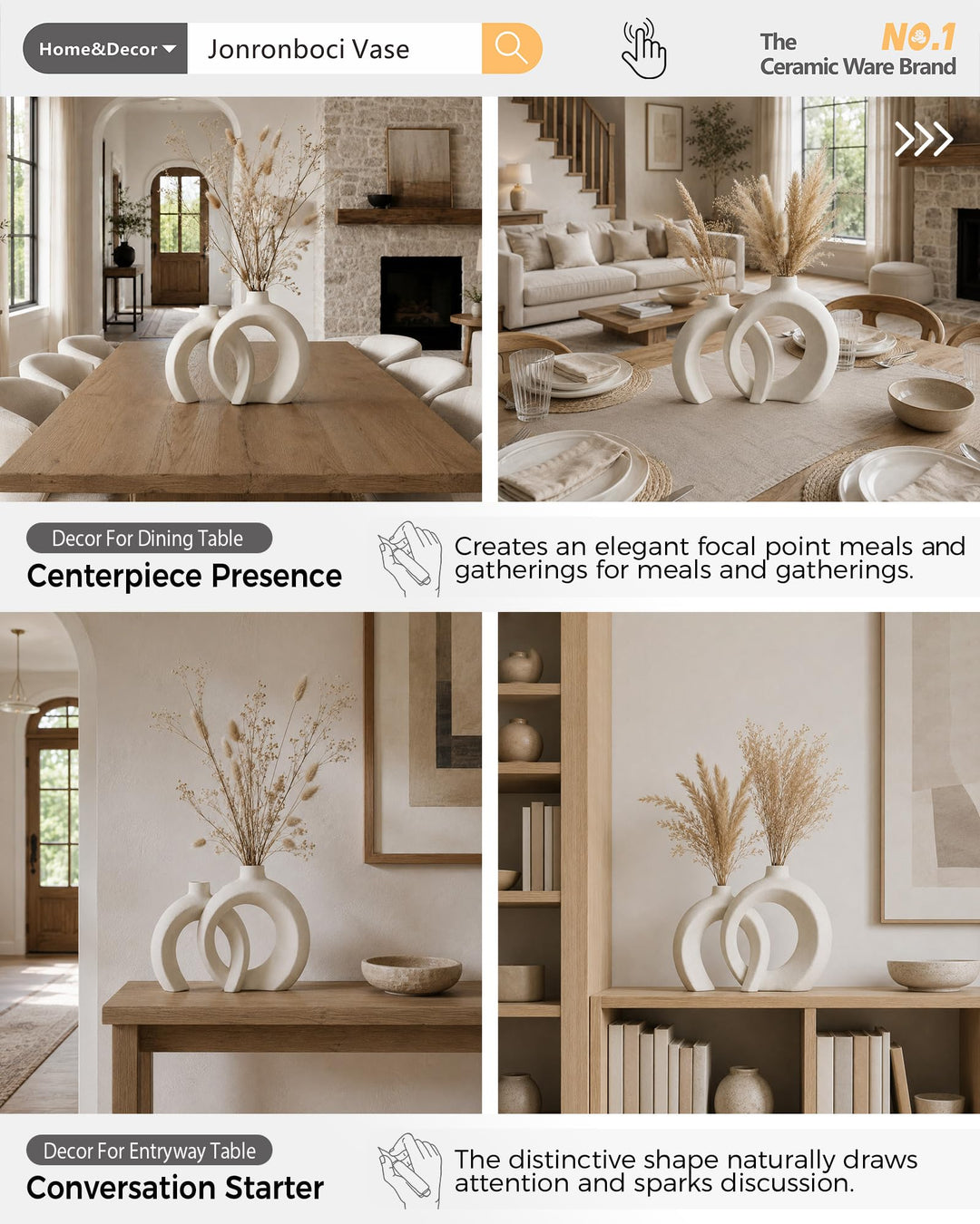 Interlocked Decorative Vase Set of 2 | Matte Sand-Textured Ceramic Vases, Modern Japandi &amp; Boho Home Decor, Standalone or with Flowers - Matte Cream White 