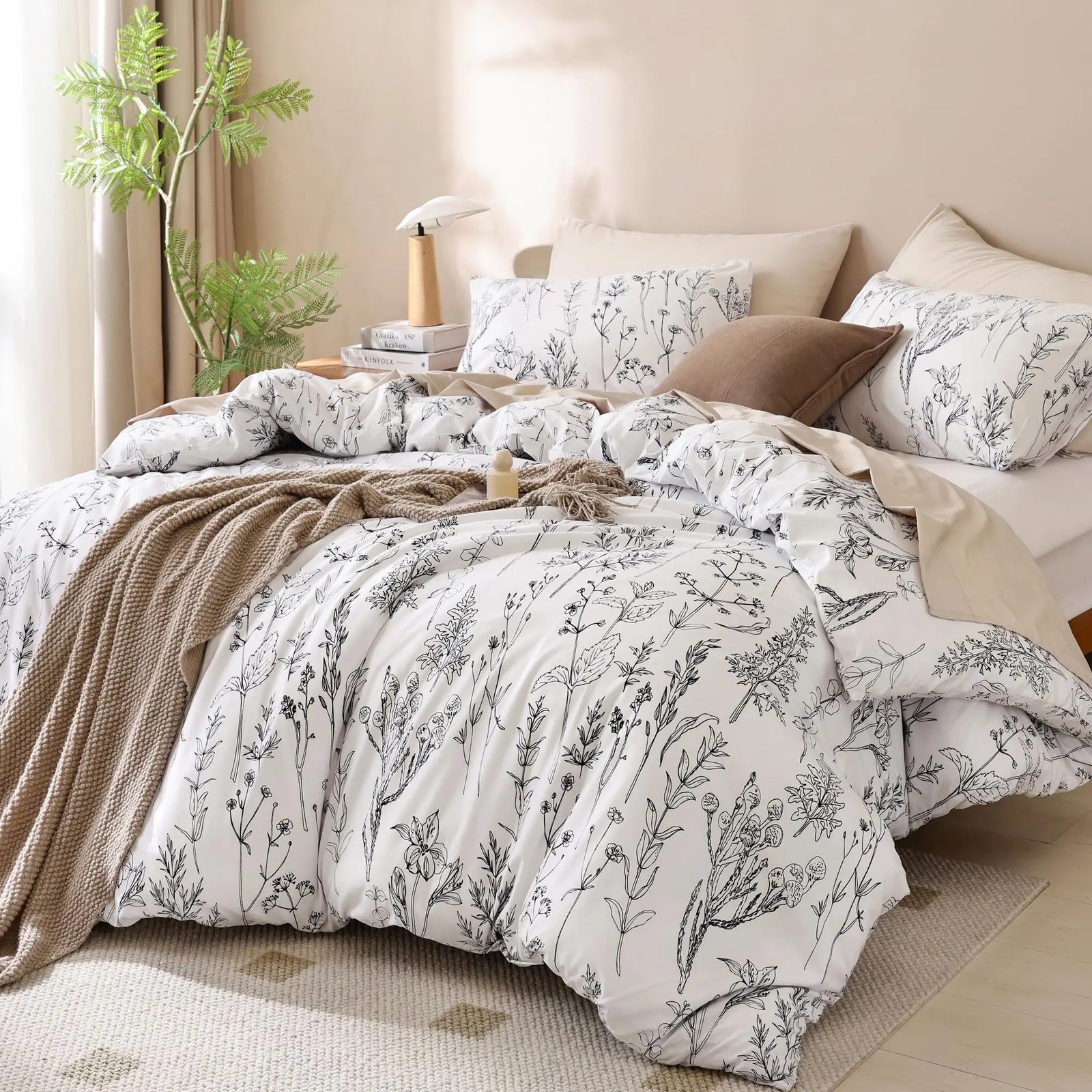 JANZAA Queen Comforter Set - Floral Comforters Queen Size, White Comforter, 3 Pieces, 1 Comforter (90"x90") & 2 Pillow Cases (20"x26"), White 