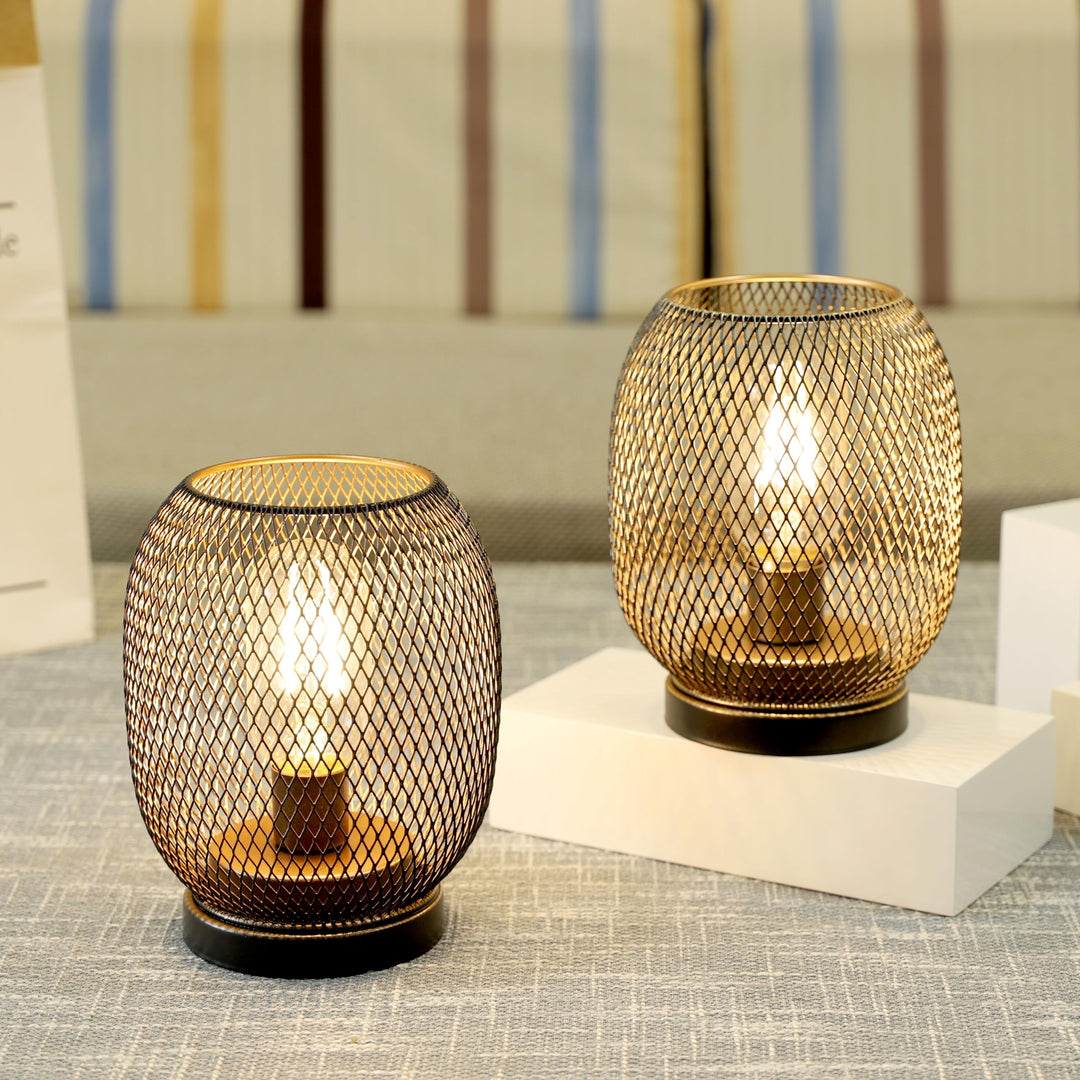 JHY DESIGN Set of 2 Metal Cage LED Lantern Battery Powered,Cordless Accent Light with LED.Great for Weddings,Parties,Patio,Events for Indoors Outdoors（Round Shape 