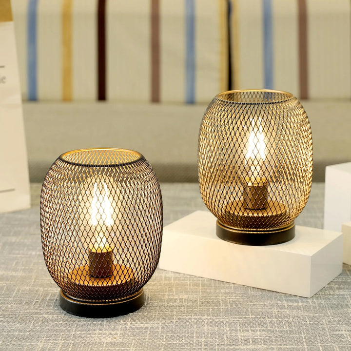 JHY DESIGN Set of 2 Metal Cage LED Lantern Battery Powered,Cordless Accent Light with LED.Great for Weddings,Parties,Patio,Events for Indoors Outdoors（Round Shape 