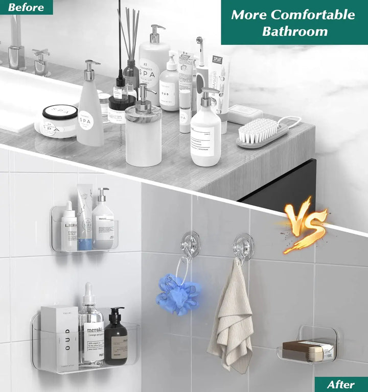 JNDETOP Shower Shelves, 5 Pack Adhesive Clear Acrylic Bathroom Shower Organizer Caddy, Transparent No Drilling Wall Mount Shower Storage with Soap Holder and Hooks 
