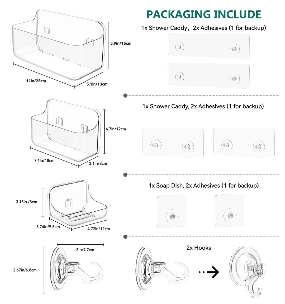 JNDETOP Shower Shelves, 5 Pack Adhesive Clear Acrylic Bathroom Shower Organizer Caddy, Transparent No Drilling Wall Mount Shower Storage with Soap Holder and Hooks 