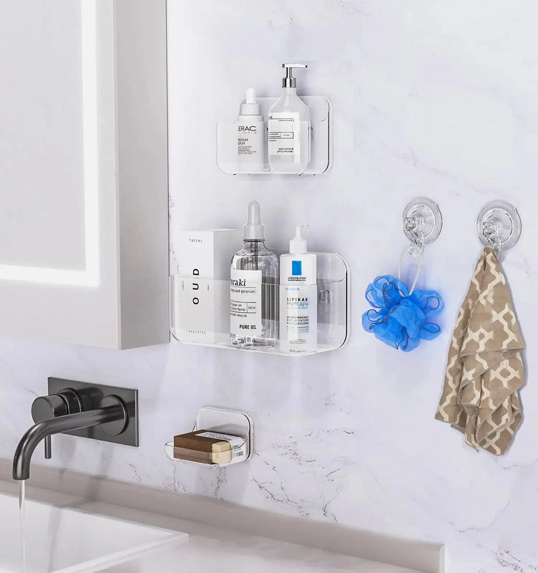 JNDETOP Shower Shelves, 5 Pack Adhesive Clear Acrylic Bathroom Shower Organizer Caddy, Transparent No Drilling Wall Mount Shower Storage with Soap Holder and Hooks 