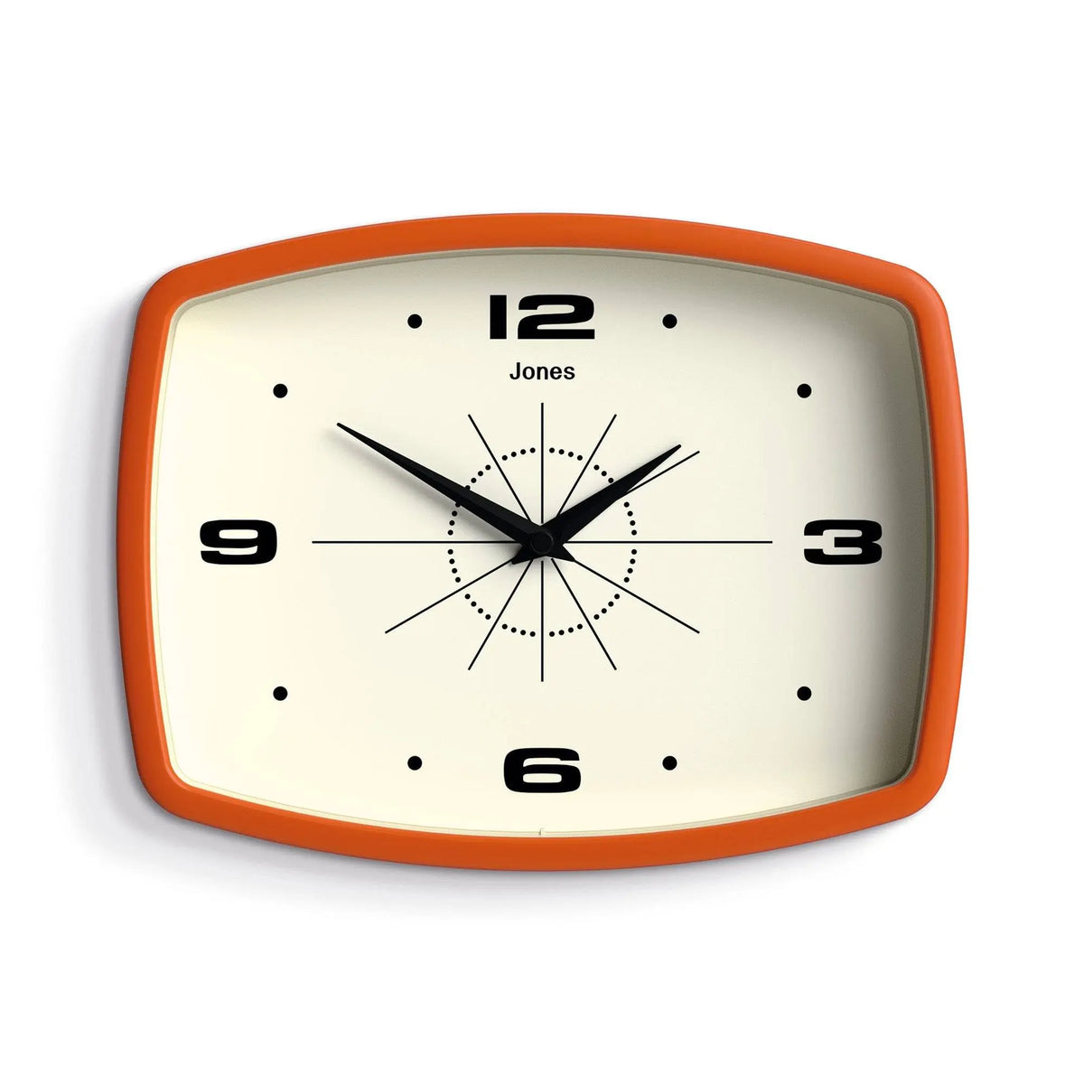 JONES CLOCKS® Movie wall Clock | Rectangular Retro Clock | 10" | Orange | Cool mid-Century Designer Look for Kitchen, Living Room or Office 
