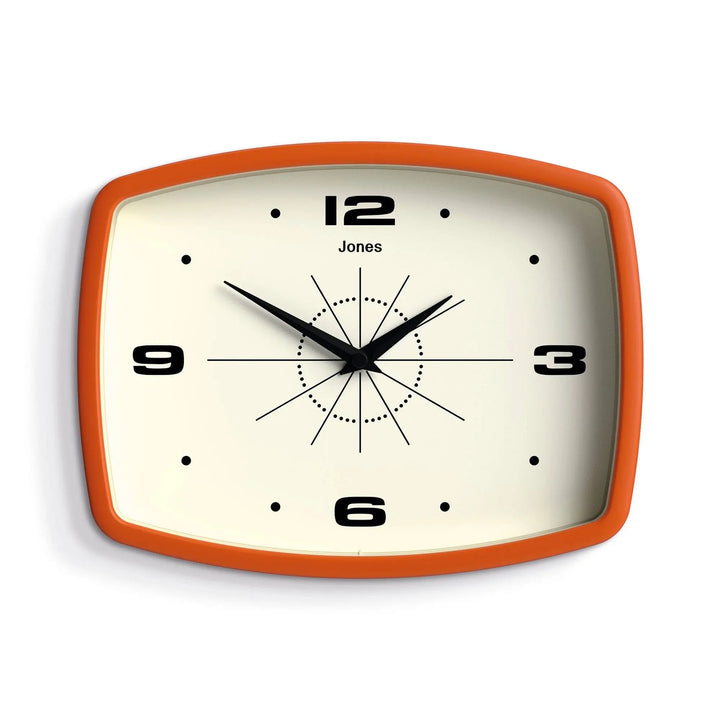 JONES CLOCKS® Movie wall Clock | Rectangular Retro Clock | 10" | Orange | Cool mid-Century Designer Look for Kitchen, Living Room or Office 