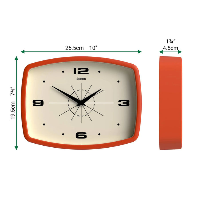 JONES CLOCKS® Movie wall Clock | Rectangular Retro Clock | 10" | Orange | Cool mid-Century Designer Look for Kitchen, Living Room or Office 